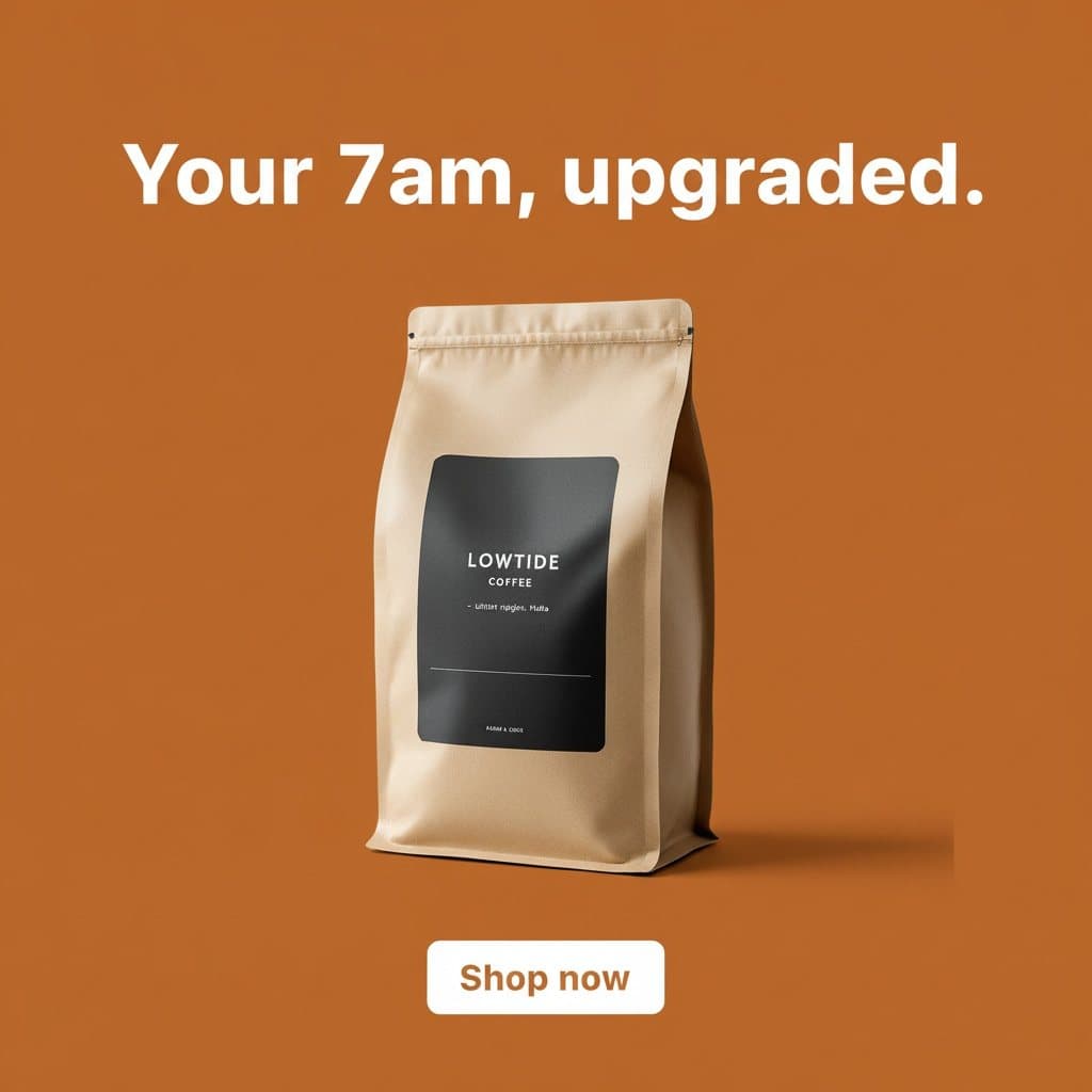 Feed ad made by advrt: the coffee bag on orange with the headline Your 7am, upgraded