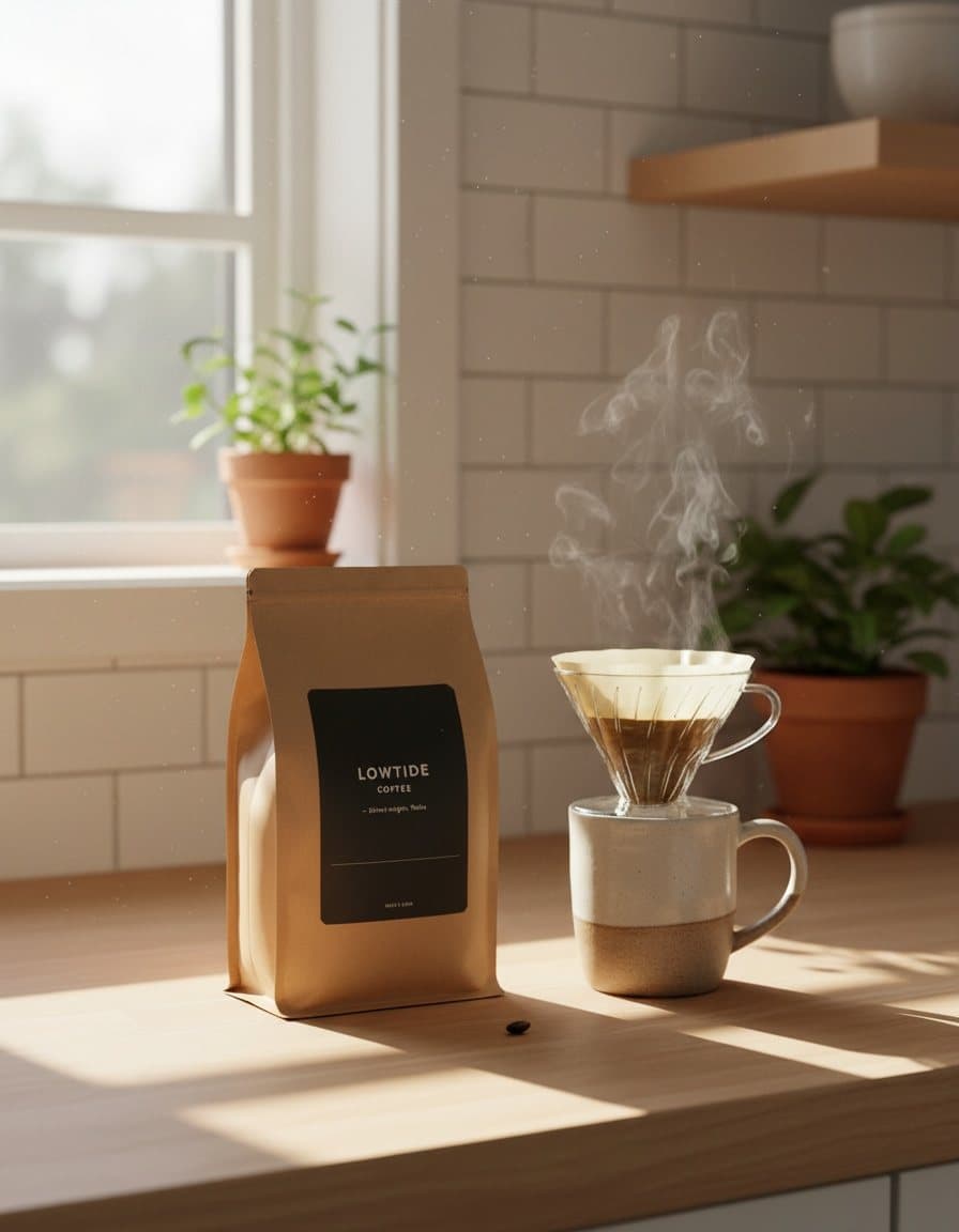 Lifestyle ad made by advrt: the coffee bag on a kitchen counter with a pour-over