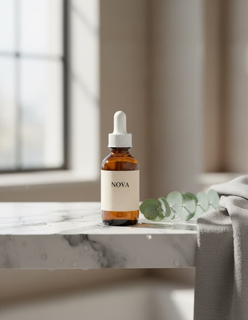 Ad made by advrt: Serum bottle on a marble bathroom shelf