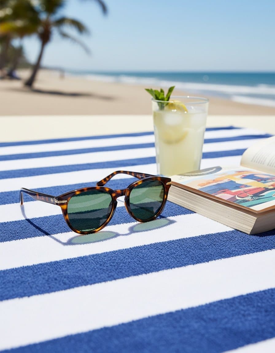 Ad made by advrt: Sunglasses on a striped beach towel with a lemonade