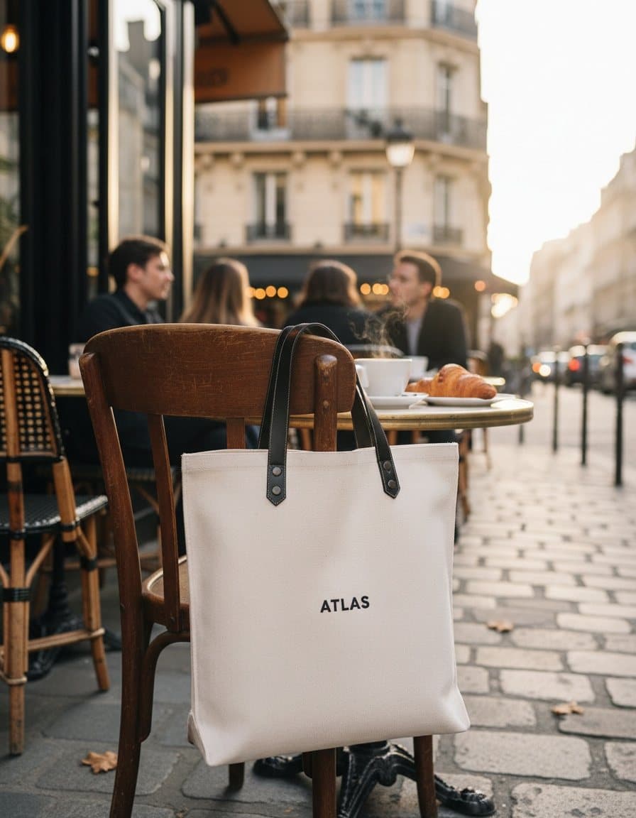Ad made by advrt: Canvas tote hanging off a café chair